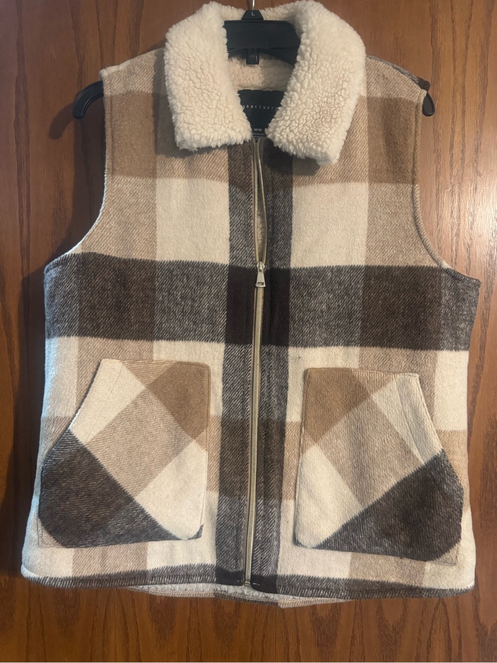 Sanctuary Plaid Sherpa-Collar Zip Vest in Brown & Cream